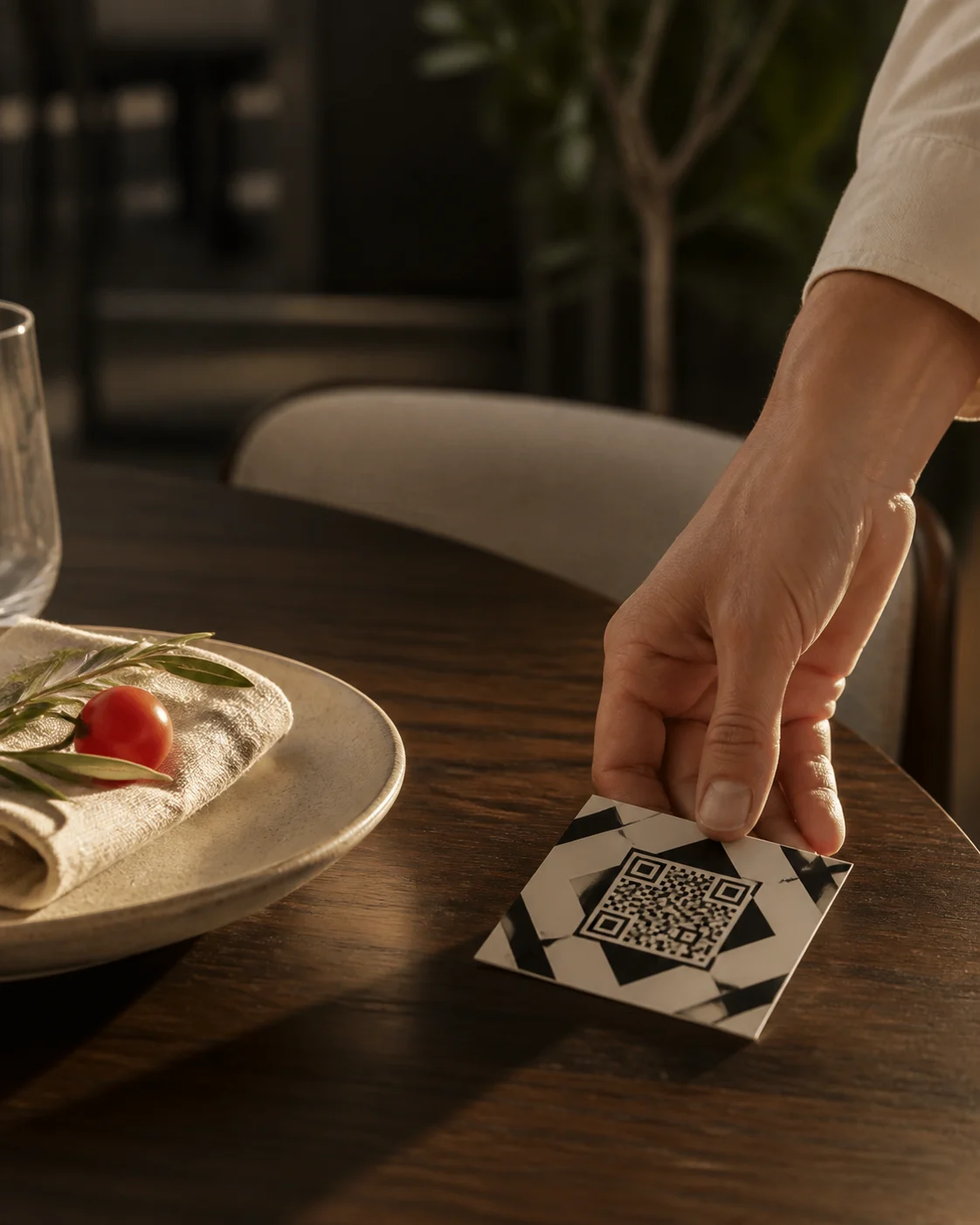 Masaya QR menü kartı bırakan el